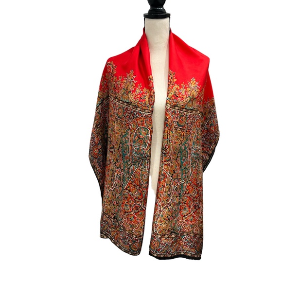 PERRY ELLIS RED, BLACK & GREEN TAPESTRY DESIGN 100% SILK SCARF - Picture 3 of 16